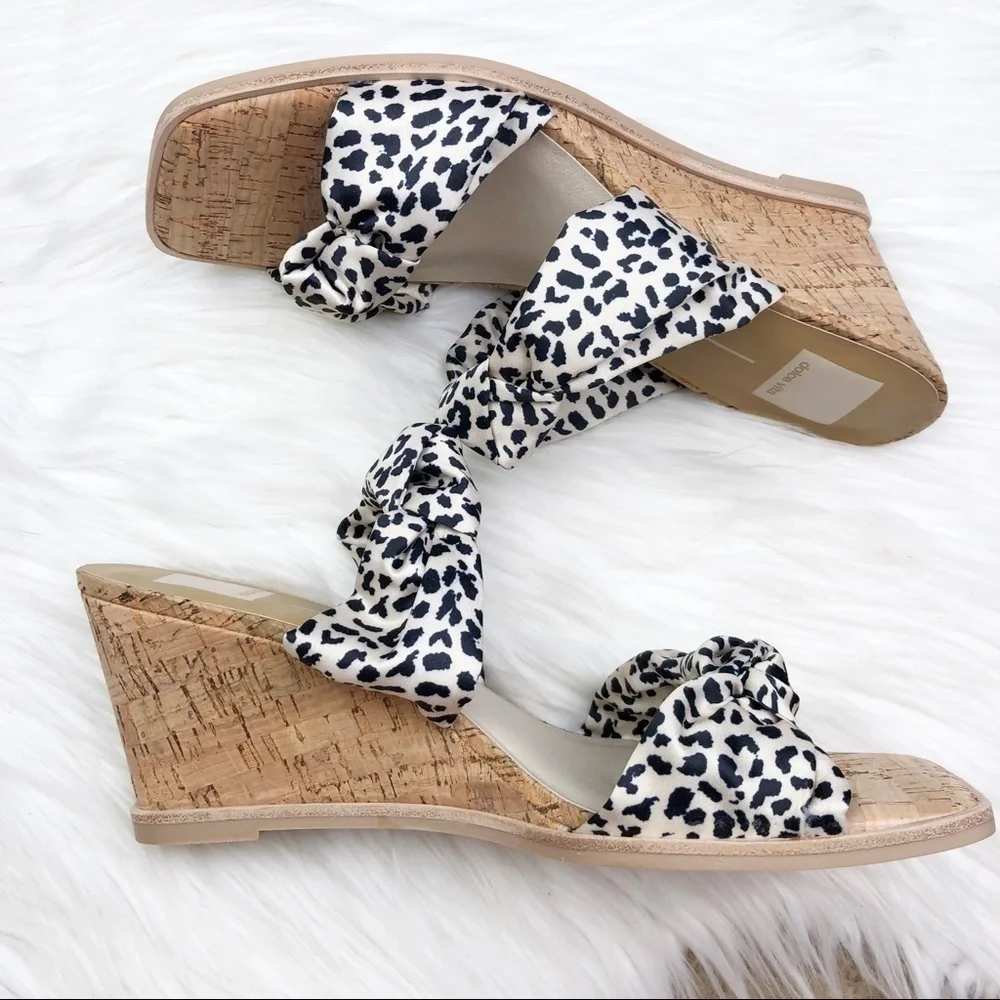 New Dolce Vita Naji Knotted Cork Wedge Mule in Leopard Satin